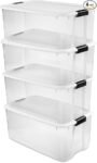 Sterilite 4-Pack Ultra Latching Box, Storage Bins with Lids, Clear Plastic, 116 Quart – Heavy-Duty Organizing Containers for Closet, Bathroom, and Office