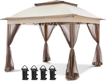 COOS BAY 11×11 Pop Up Gazebo with Mesh Netting, Instant Outdoor Canopy Tent, Water Resistant Shelter with UPF 50+ UV Protection, 121 Sq Ft Coverage, Beige