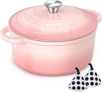 Umite Chef 5QT Enameled Cast Iron Dutch Oven Pot with Lid, Heavy-Duty Cookware for Bread Baking, Braising, Stews, Roasting, Wedding Registry Ideas & Gifts (Pink)