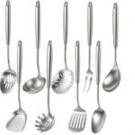 Newness 9 Pcs Cooking Utensils Set, 304 Stainless Steel Kitchen Utensils Set, Metal Kitchen Accessories, Include Soup Ladle, Slotted Skimmer Spoon, Spaghetti Spoon and Spatula, Dishwasher Safe