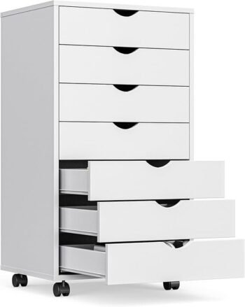 OLIXIS 7 Drawer Mobile File Cabinet Under Desk Storage Organization with Wheels Vertical Filing Chest Rolling Wood Small Desk Printer Stand for Home Office, 15.75″D x 18.74″W x 34.25″H, White