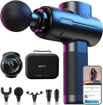 RENPHO Active+ Percussion Massage Gun, Mothers Day Gifts, 5 Adjustable Speeds for Back, Neck, Muscle Recovery – App Controlled Guided Courses, with Carry Case for Professional Athlete, Gym and Travel