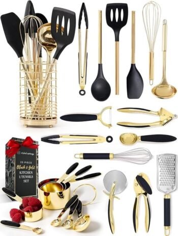 Black and Gold Kitchen Utensils Set – 23-Piece Luxury Kitchen Accessories Includes Gold Measuring Cups, Spoons, Silicone Cooking Utensils and Tools for Baking, Cooking, and Stylish Kitchen Decor