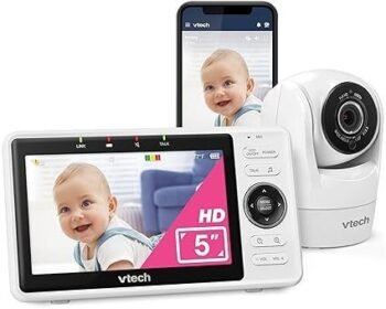 VTech VM901 Smart WiFi Baby Monitor with 1080p FHD Camera and 5″ HD IPS Display, Free App, Remote Pan Tilt Zoom, Night Vision, Motion Detection Alerts
