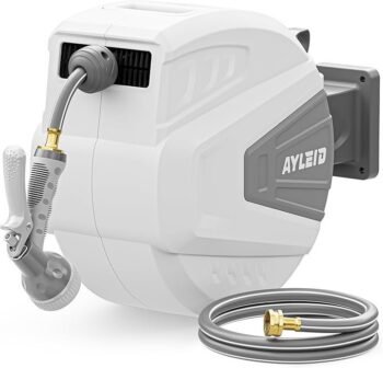 Ayleid Retractable Garden Hose Reel,1/2 in x 100 ft Wall Mounted Hose Reel, with 9- Function Sprayer Nozzle, Any Length Lock/Slow Return System/Wall Mounted/180°Swivel Bracket (Gray)