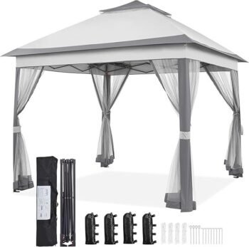 Yaheetech 11×11 Pop Up Gazebo Outdoor Canopy Shelter, Instant Patio Gazebo Sun Shade Canopy Tent with 4 Sandbags, 2 Tiers Roof & Mesh Netting for Lawn, Garden, Backyard & Deck, Gray