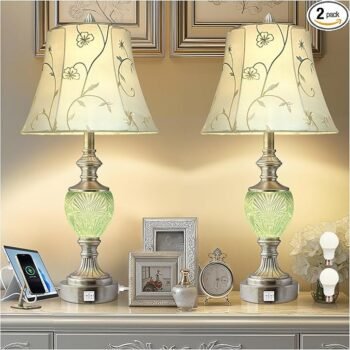 Bedside Table Lamp Set of 2 with Nightlight and USB A+C Ports, 27” High Vintage Table Lamps with Silver Leaf Finish and Embroidered Shade, Nightstand Lamps Decor for Bedroom Living Room Home Office