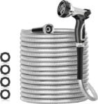 SPECILITE 200ft 304 Stainless Steel Garden Hose Metal, Heavy Duty Water Pipe with Nozzles for Yard, Outdoor – Flexible, Never Kink & Tangle, Puncture Resistant (Sliver)