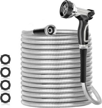 SPECILITE 200ft 304 Stainless Steel Garden Hose Metal, Heavy Duty Water Pipe with Nozzles for Yard, Outdoor – Flexible, Never Kink & Tangle, Puncture Resistant (Sliver)