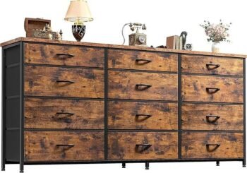 Romorgniz 55″ Dresser for Bedroom with 12 Fabric Drawers, Entertainment Center for 60 inch TV Dressers & Chests of Drawers Large Organizer, Living Room, Metal Frame, Wood Top, Rustic Brown