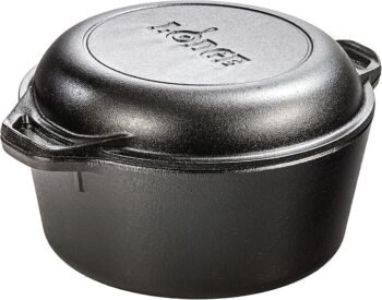Lodge Cast Iron Double Dutch Oven – Pre-Seasoned 2-in-1 Cast Iron Cookware – Pot & Skillet Combo – Even Heat Retention – Oven-Safe, Versatile Pot – 5 Quart