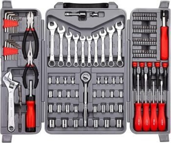 CARTMAN 205 Piece Ratchet Wrench Tool Set 1/4″ & 3/8″ & 1/2″ Drive with SAE/Metric Sockets Kit in Plastic Toolbox