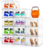 12 Pack Clear Shoe Storage Organizer with Magnetic Door,Stackable Plastic Shoe Boxes for Sneakers,Boots,and Heels,Space-Saving Foldable Shoe Rack for Closet,Durable Shoe Cabinet Organizer,White