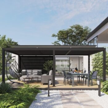 Pergola bioclimatique autoportante rétractable Elea GREEN OUTSIDE alu noir