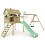 Wickey Aire de jeux Portique bois Smart Cruiser avec balançoire et toboggan vert Cabane enfant extérieure avec bac à sable