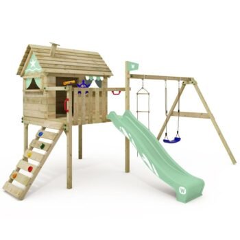 Wickey Aire de jeux Portique bois Smart Cruiser avec balançoire et toboggan vert Cabane enfant extérieure avec bac à sable