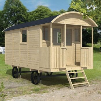 Roulotte Paddy en bois 480 x 240 x 319 cm avec terrasse couverte et escalier en face avant - Épaisseur de cloison de 19 mm