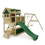 FATMOOSE Cabane sur pilotis PinePeak Playhouse XXL avec toboggan balançoire et bac à sable