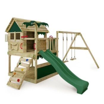 FATMOOSE Cabane sur pilotis PinePeak Playhouse XXL avec toboggan balançoire et bac à sable
